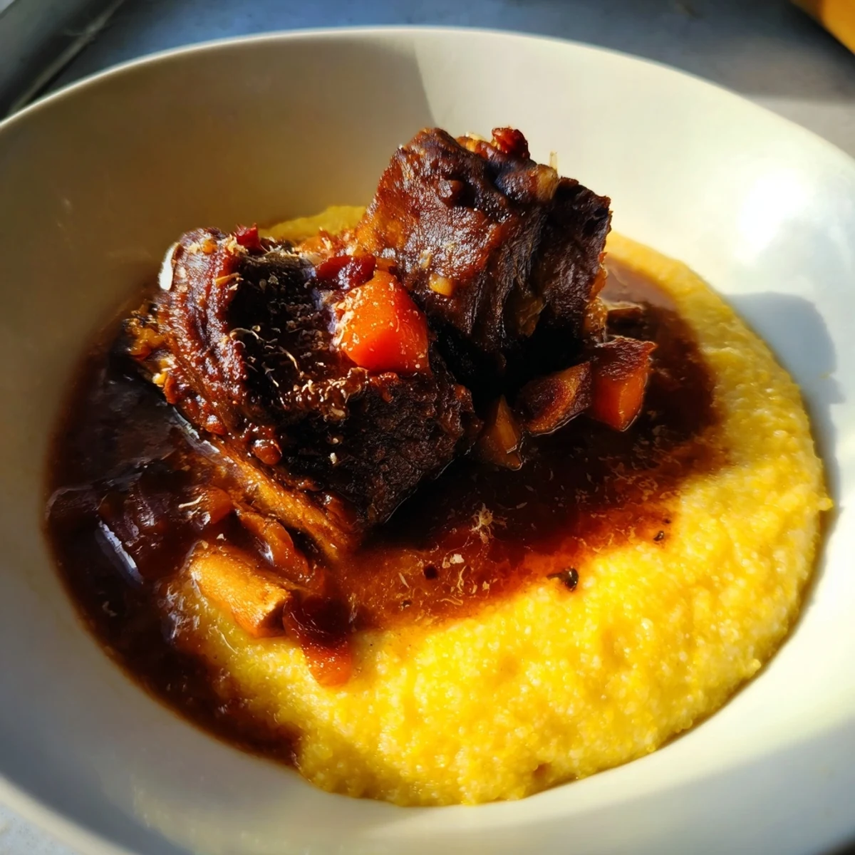 Slow-cooked beef short ribs on creamy polenta, smothered in a rich red wine reduction sauce.  