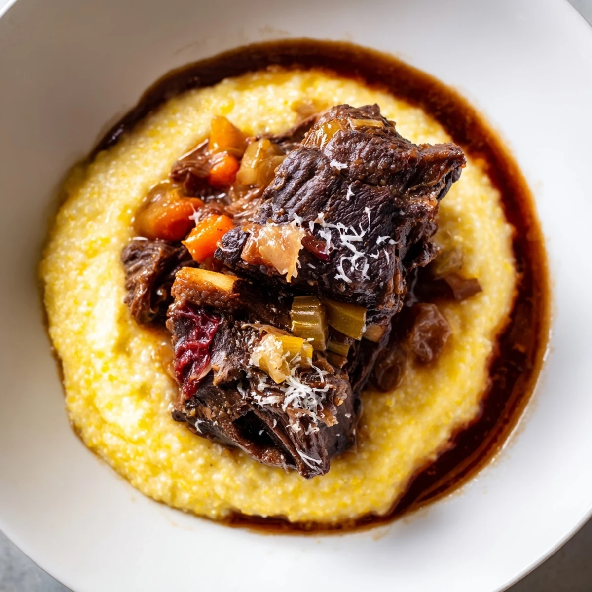 Tender beef short ribs over creamy polenta with a savory red wine herb glaze.  