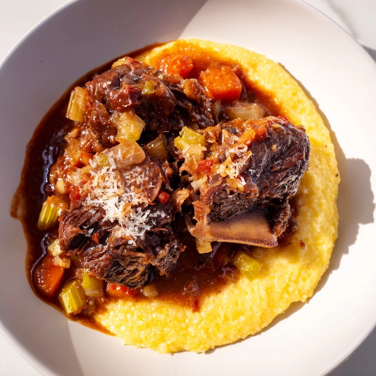 Hearty Italian-style short ribs and polenta garnished with fresh thyme and rosemary sprigs.