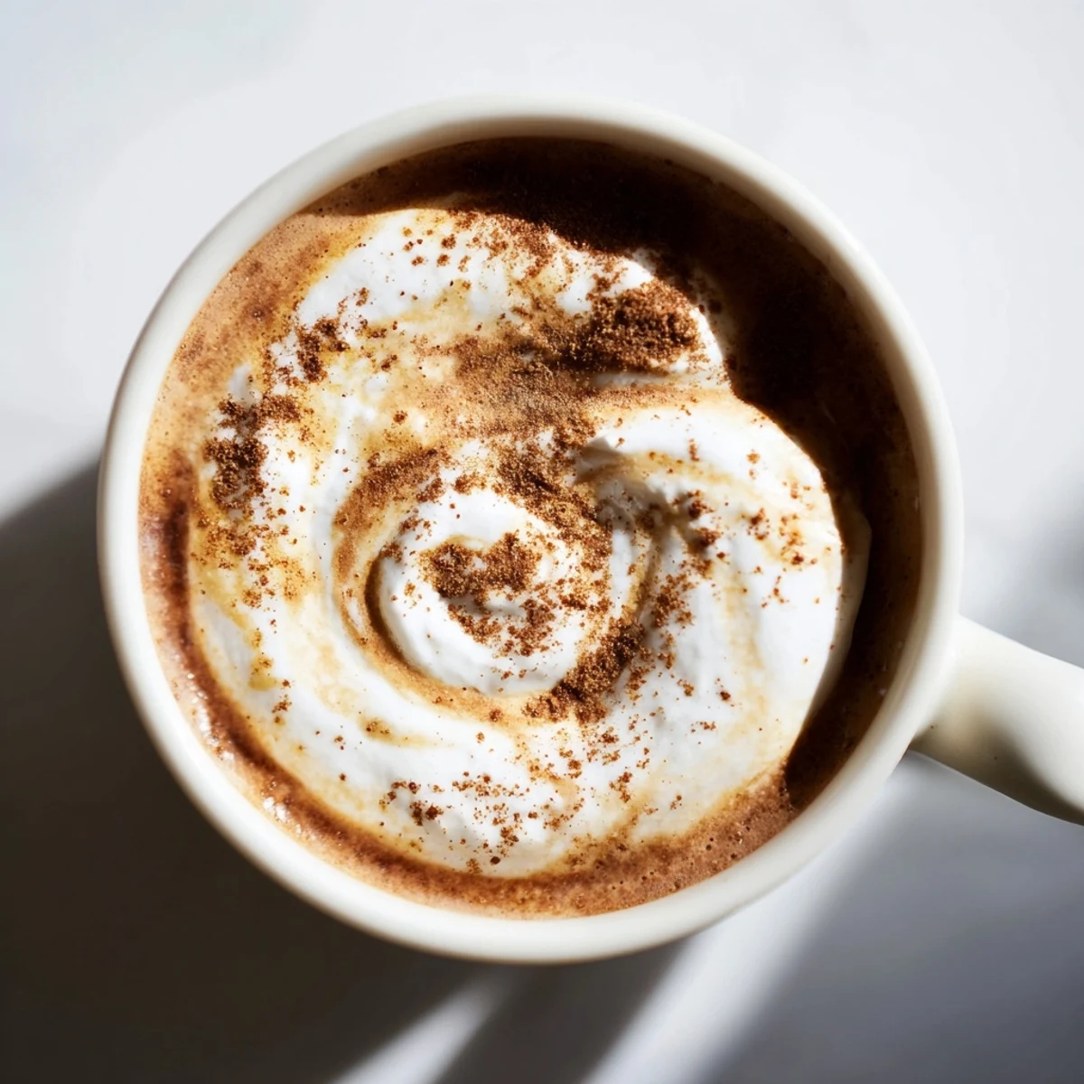 Steaming mug of homemade Gingerbread Spiced Latte with Almond Milk, topped with creamy coconut whipped cream and a dusting of cinnamon.
