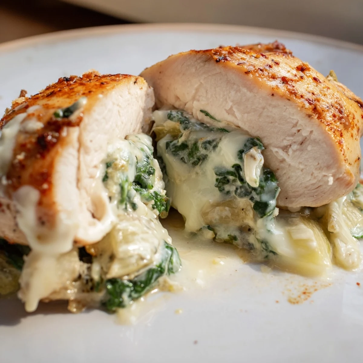 Golden-brown baked chicken breasts stuffed with creamy spinach, artichoke hearts, and melted cheese, presented on a rustic white platter.