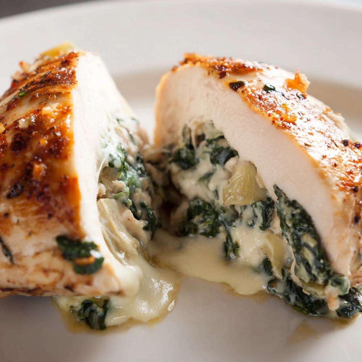 Tender stuffed chicken breasts featuring a rich spinach and artichoke filling, baked until bubbly and served with a fresh garnish.