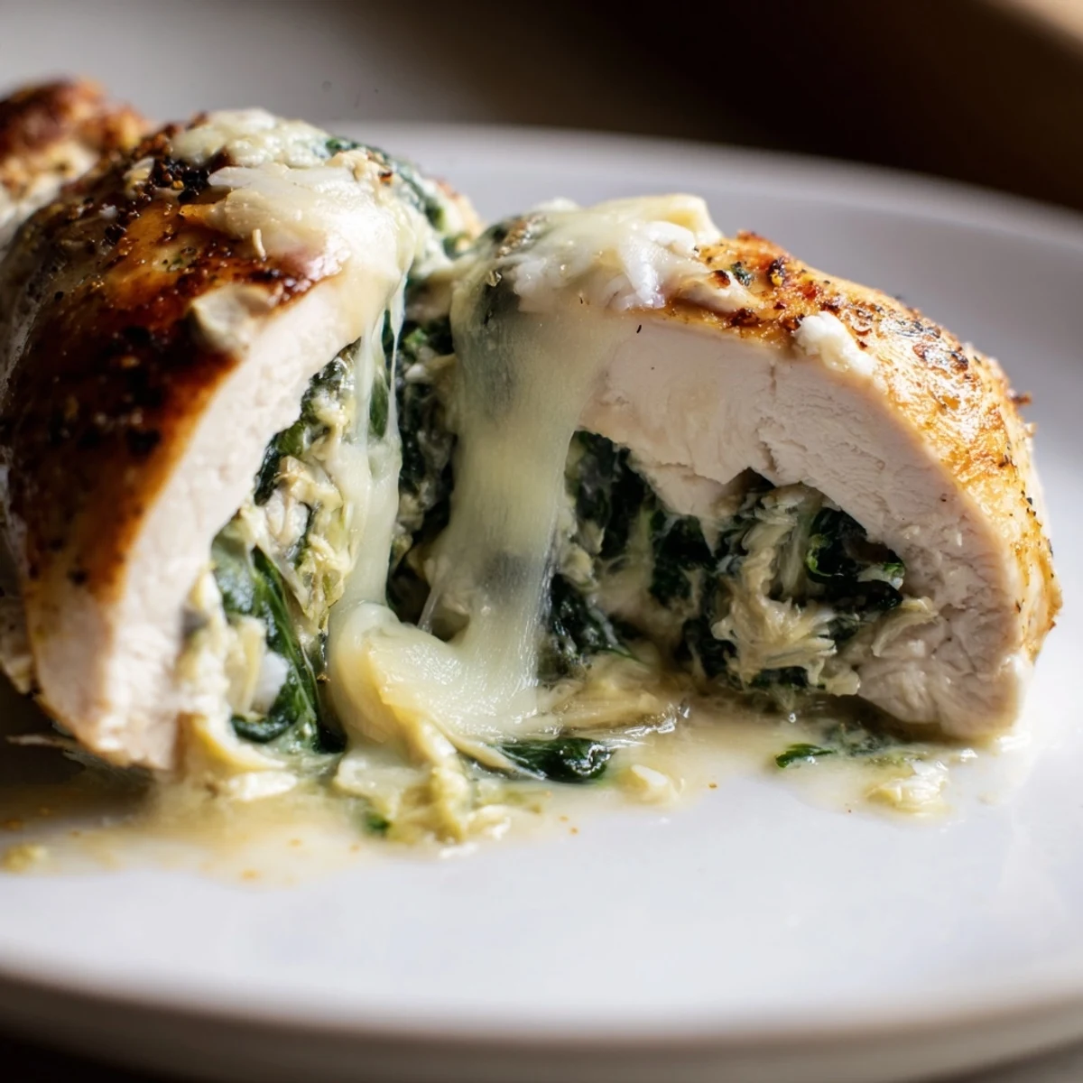 Perfectly cooked gluten-free chicken breasts filled with creamy spinach and artichoke mixture, ready to slice for a weeknight dinner.