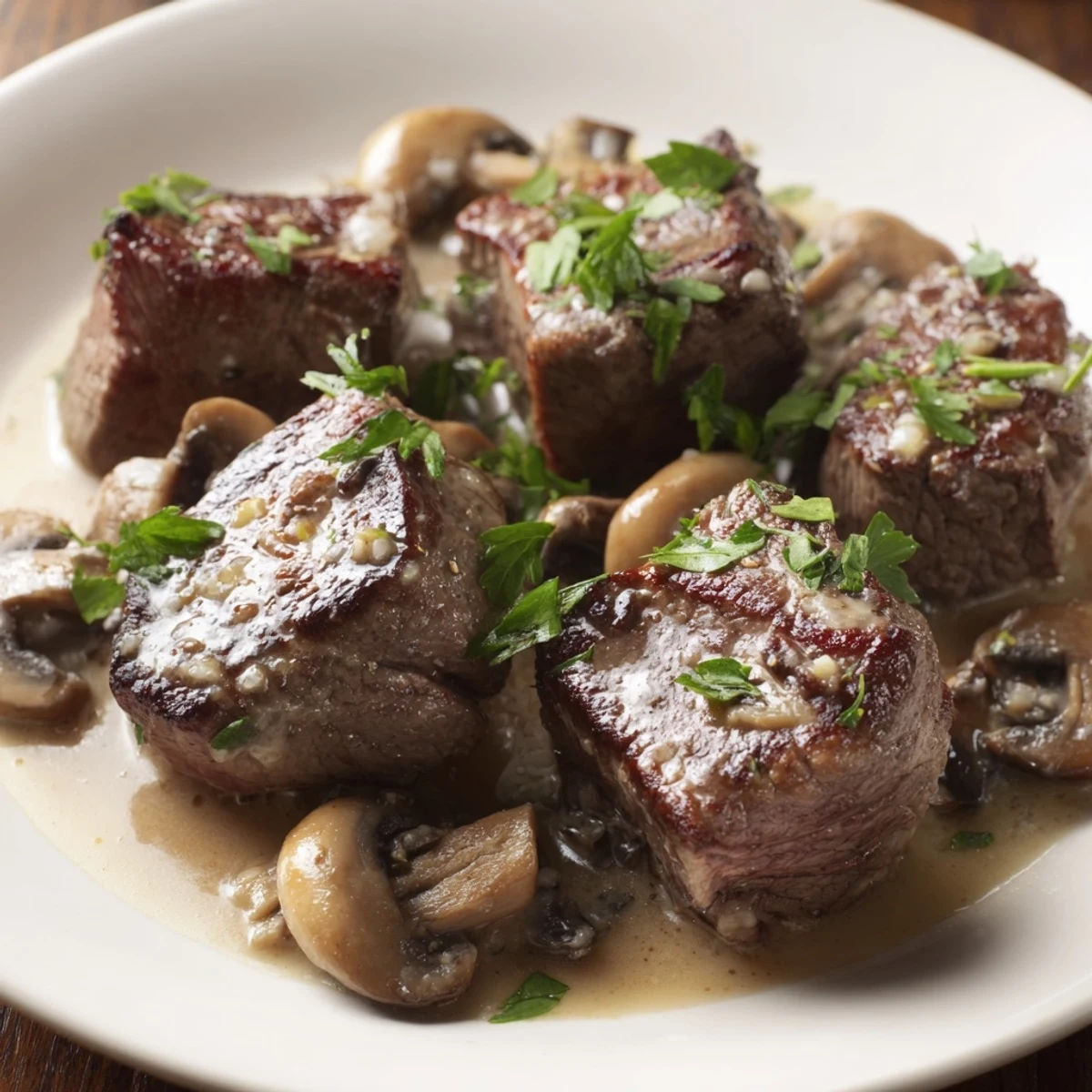 Garlic Butter Steak Bites with Mushroom Sauce are served in a rustic skillet next to mashed potatoes and fresh parsley garnish.