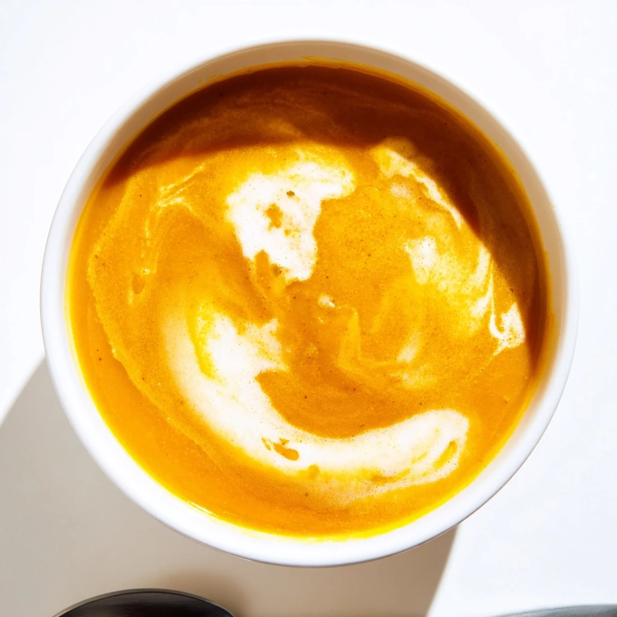 Smooth, velvety roasted butternut squash and apple soup swirled with cream in a rustic bowl.