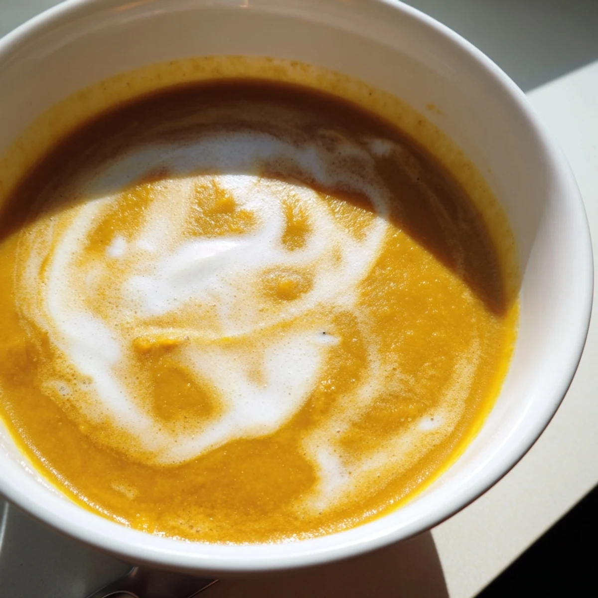 Roasted butternut squash and apple soup garnished with thyme, served beside crusty bread.