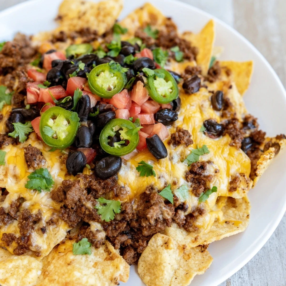 Super Bowl Loaded Nachos with Beef and Beans are garnished with sour cream, guacamole, and diced tomatoes on a platter.