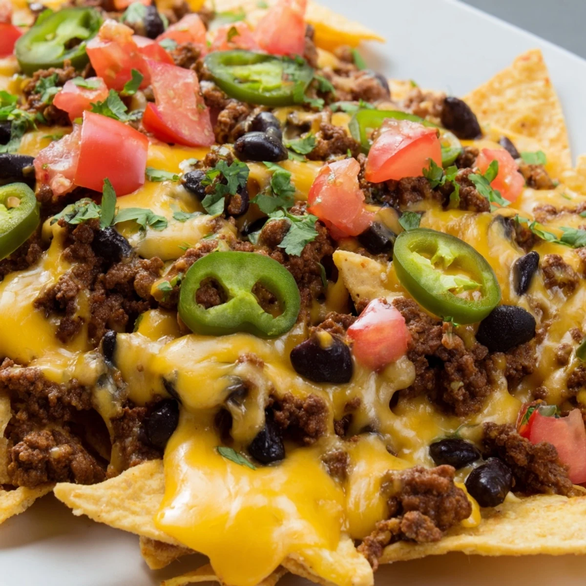 A close-up of Super Bowl Loaded Nachos with Beef and Beans, topped with melted cheddar, jalapeños, and fresh cilantro.
