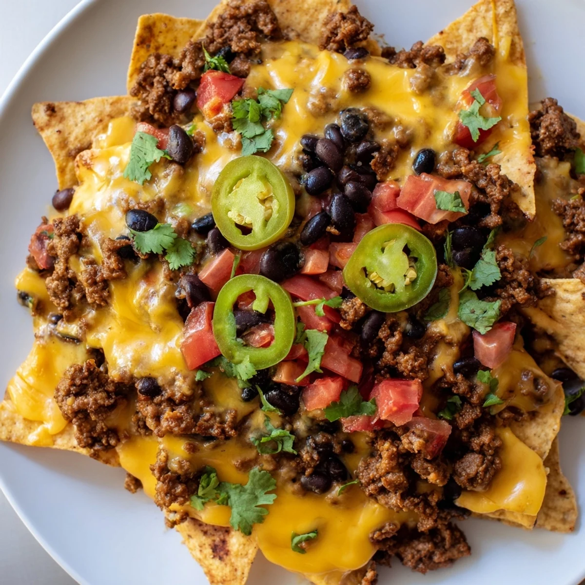 A freshly baked platter of Super Bowl Loaded Nachos with Beef and Beans, featuring seasoned ground beef and hearty black beans.