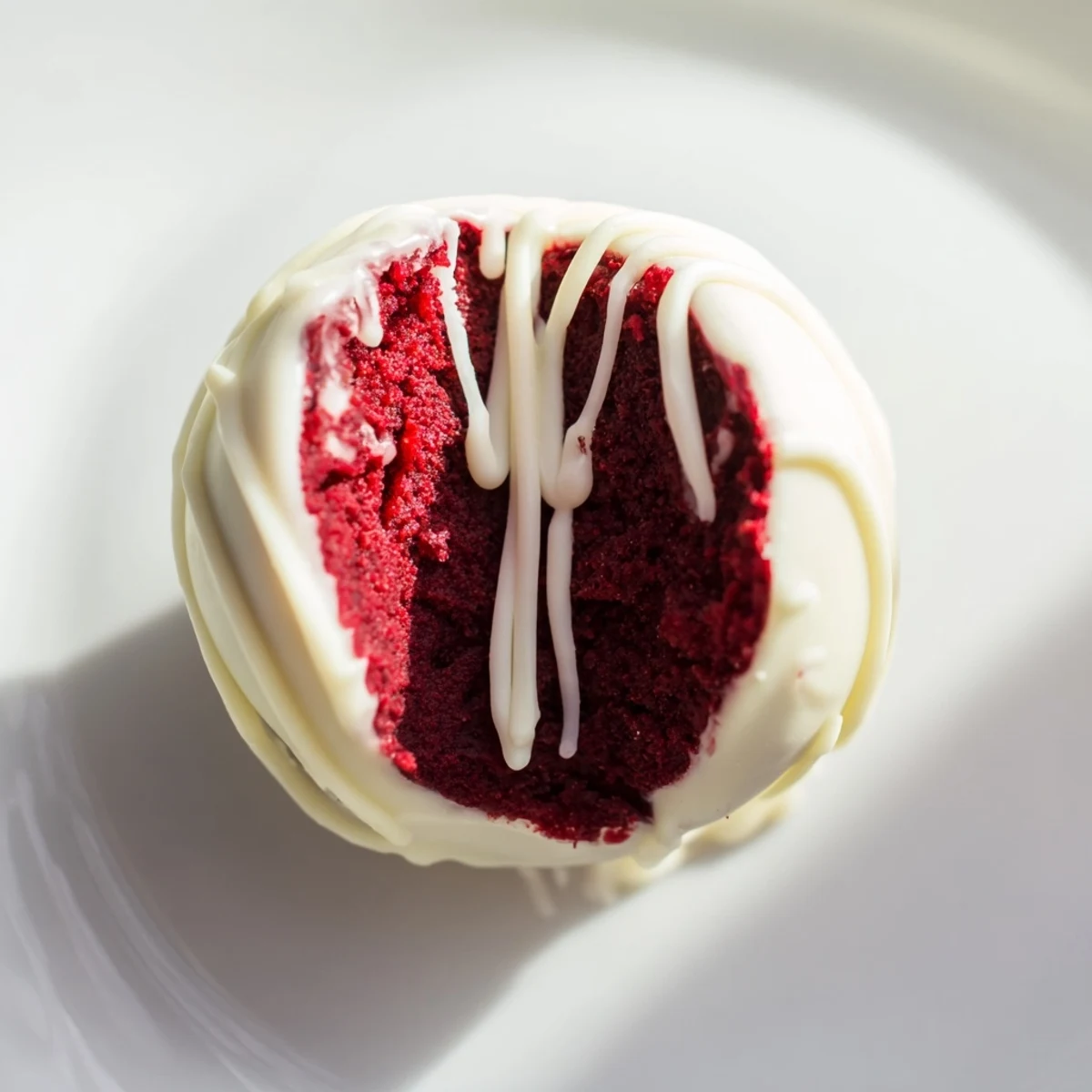 Stacked red velvet cake pops with white chocolate drizzle are arranged beside coffee on a rustic table, ideal for parties.
