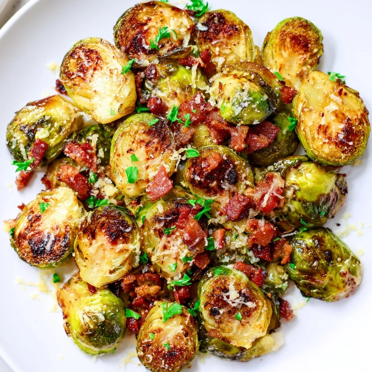Roasted Brussels Sprouts with Turkey Bacon in a rustic white serving dish, garnished with fresh parsley and Parmesan cheese.  