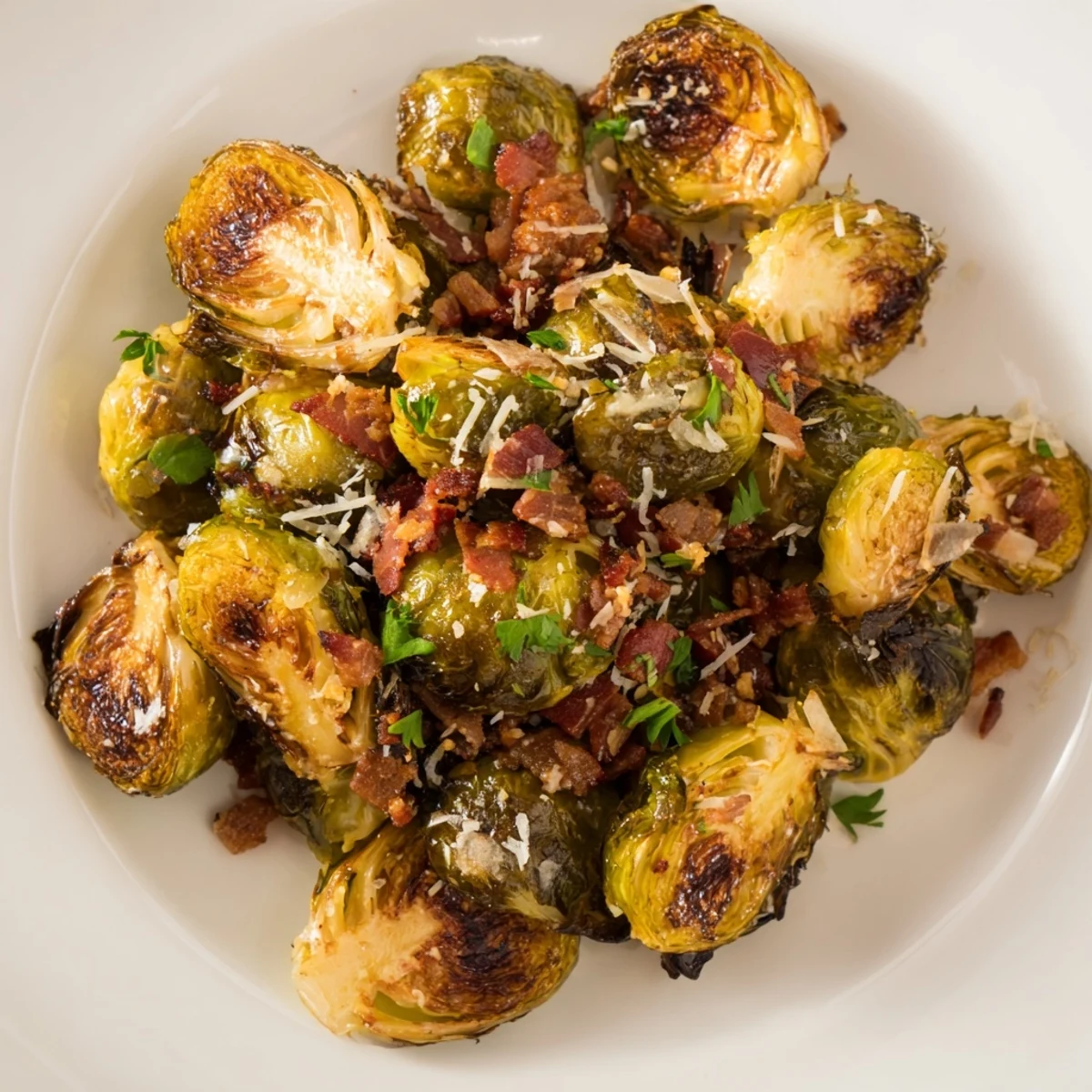 Close-up of Roasted Brussels Sprouts with Turkey Bacon, showing crispy edges and chopped turkey bacon pieces on a wooden table.