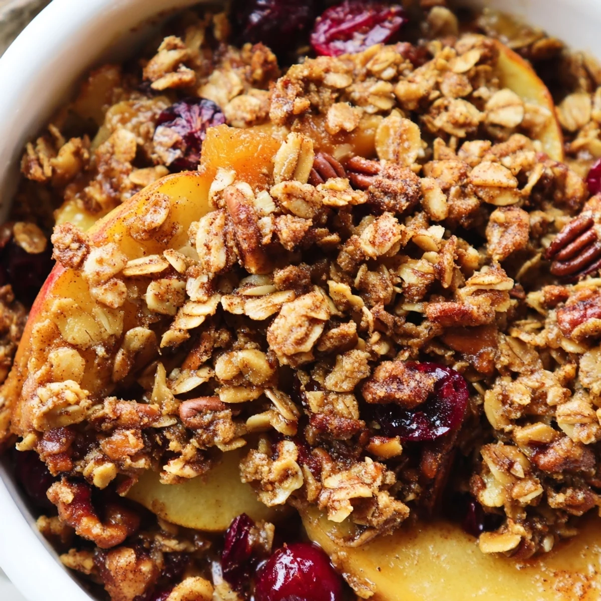 Warm Winter Fruit Crisp with Oat Topping bubbling from the oven, topped with golden oats and nuts.