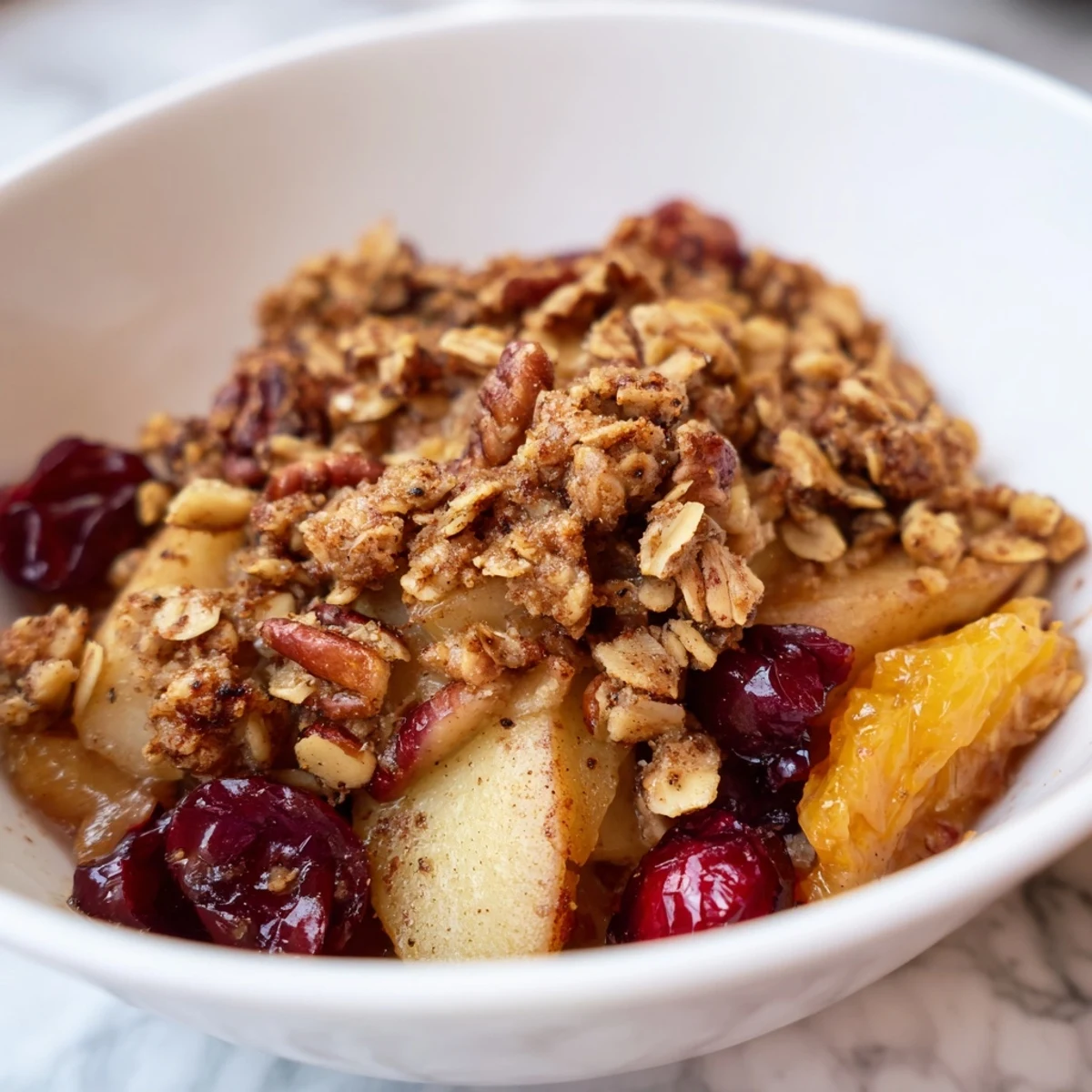 Close-up of Winter Fruit Crisp with Oat Topping, showing tender apples, pears, and cranberries under a crunchy topping.
