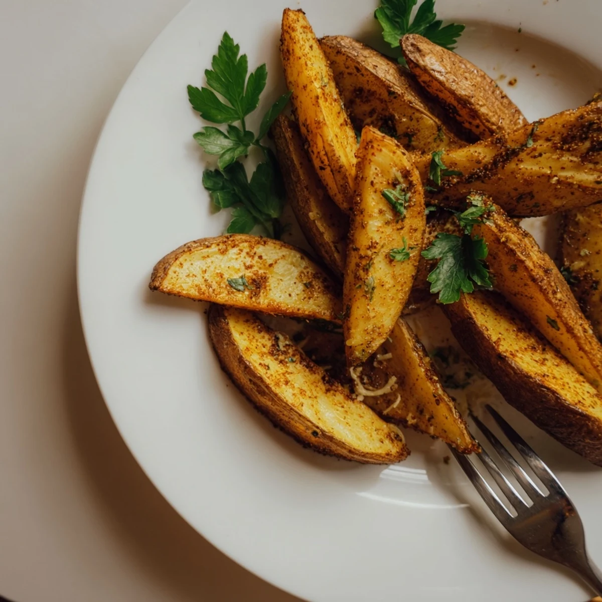 Golden-brown Crispy Oven Baked Potato Wedges, seasoned with herbs and spices, served on a rustic wooden board.