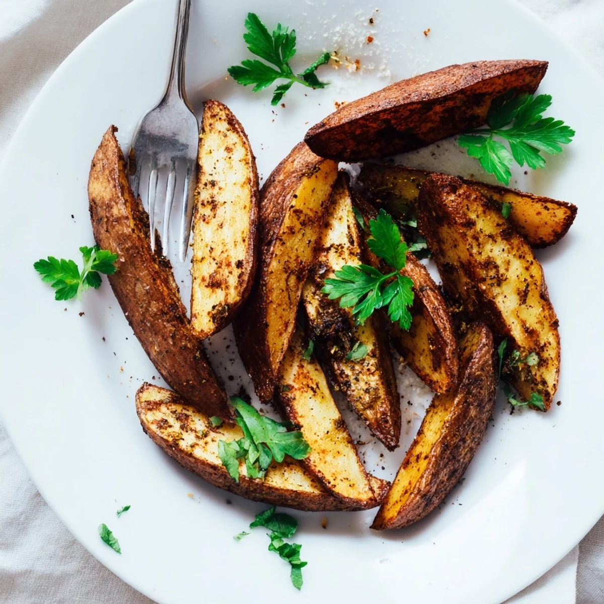 A close-up of Crispy Oven Baked Potato Wedges, showing fluffy interiors and crunchy edges alongside a dipping sauce.