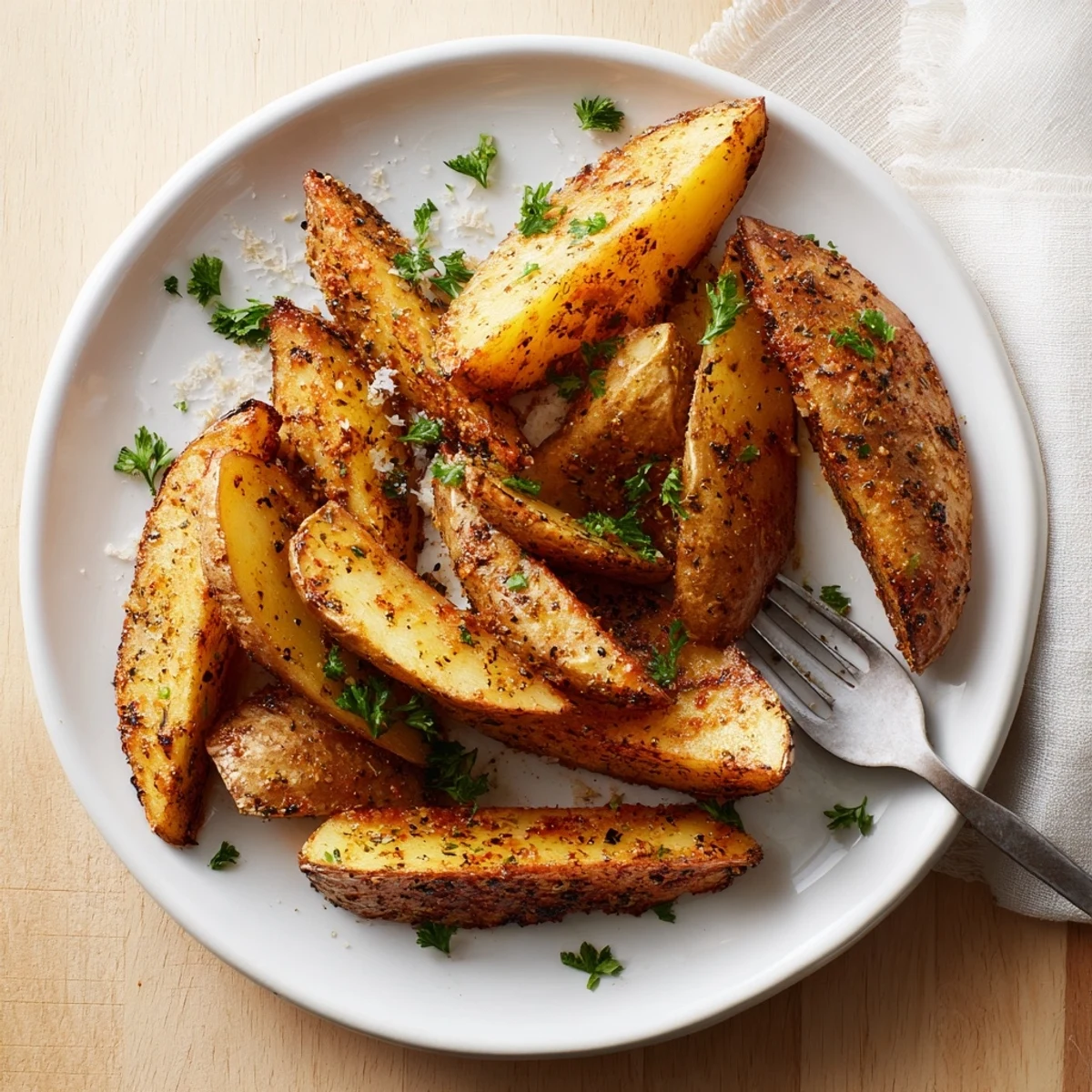 Freshly baked Crispy Oven Baked Potato Wedges garnished with parsley and optional Parmesan, perfect for a family snack.