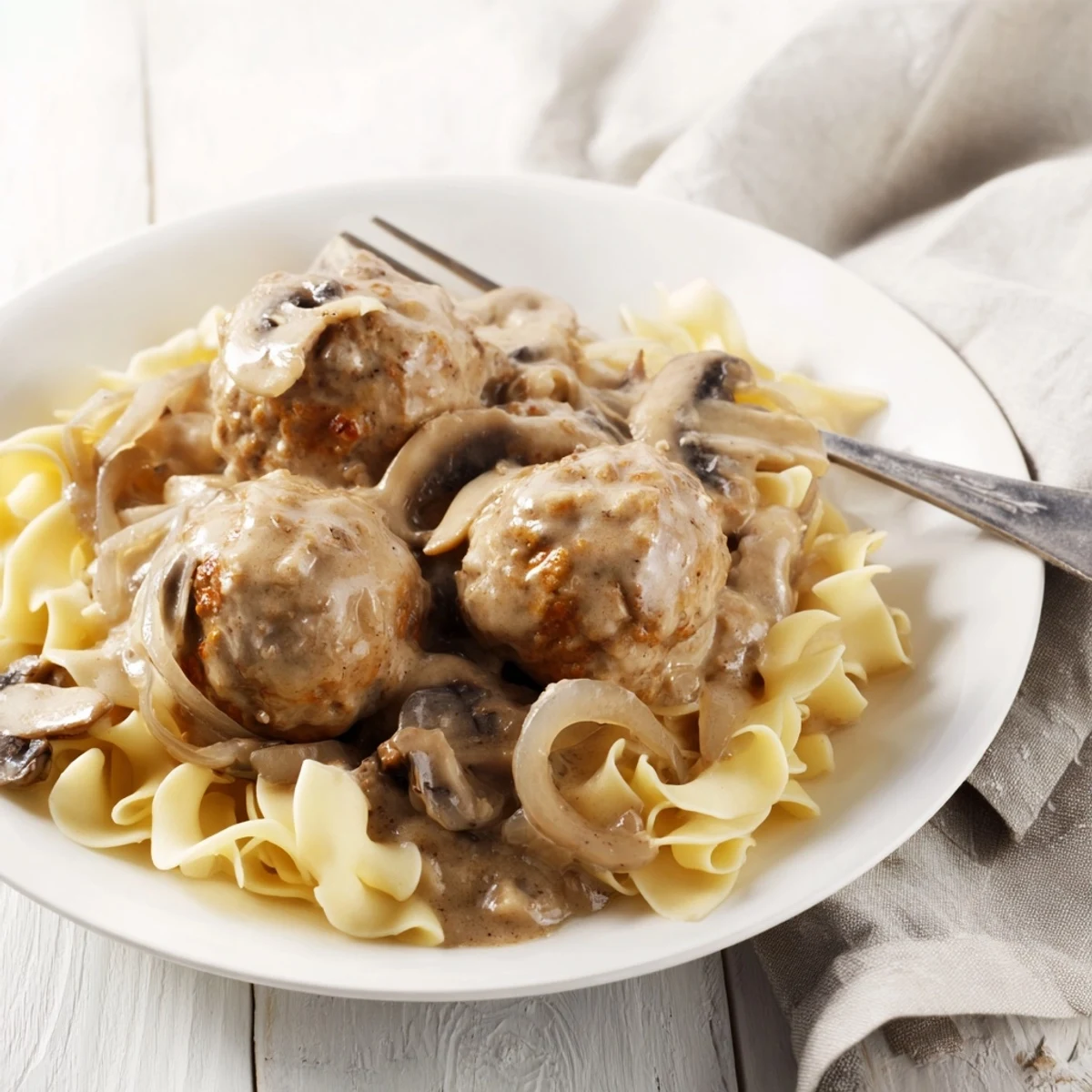 Golden brown turkey meatballs nestled in creamy mushroom stroganoff sauce over tender egg noodles.  