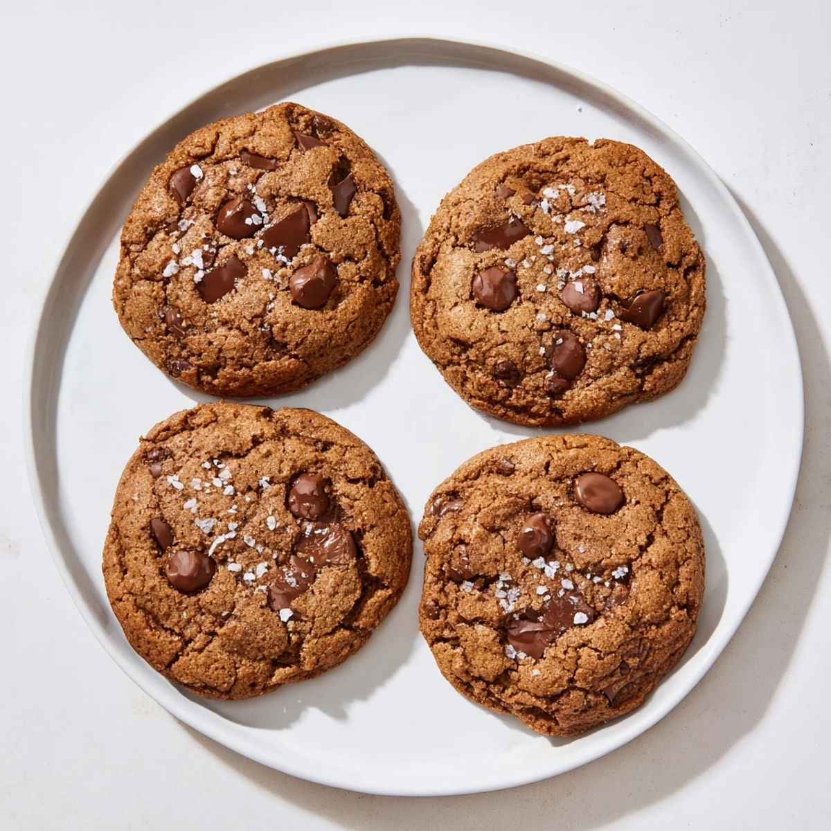 Close-up of a Chocolate Chip Cookie with Sea Salt breaking open to reveal a soft, chewy center and rich chocolate chunks.
