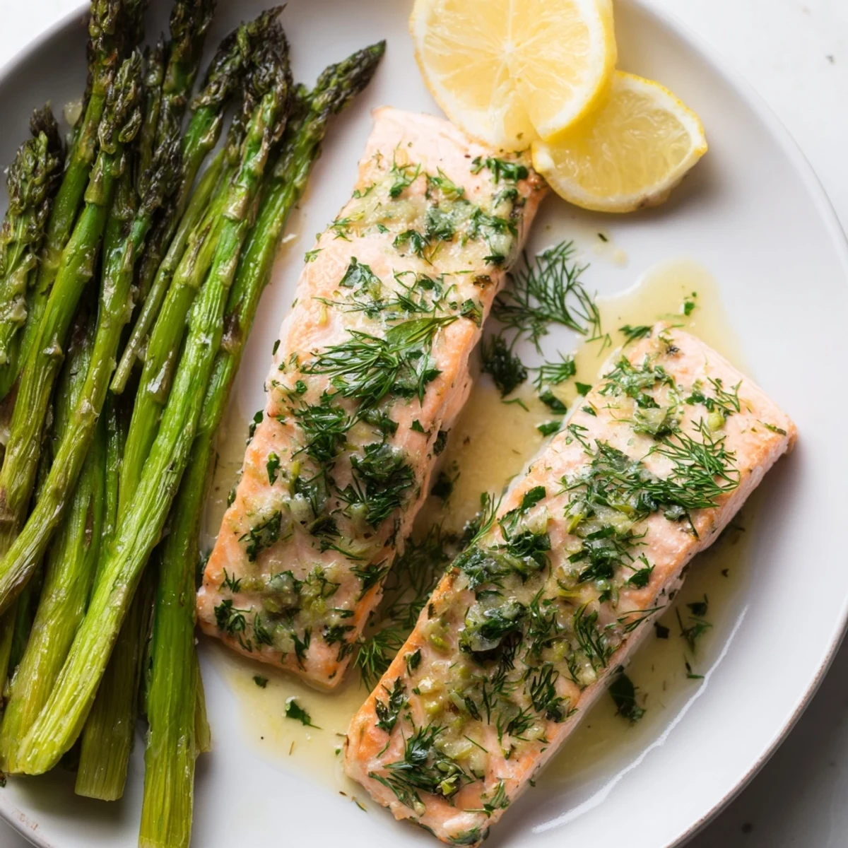 Golden-brown Lemon Garlic Butter Salmon fillets bake alongside tender roasted asparagus, releasing a fragrant citrus aroma in the oven.
