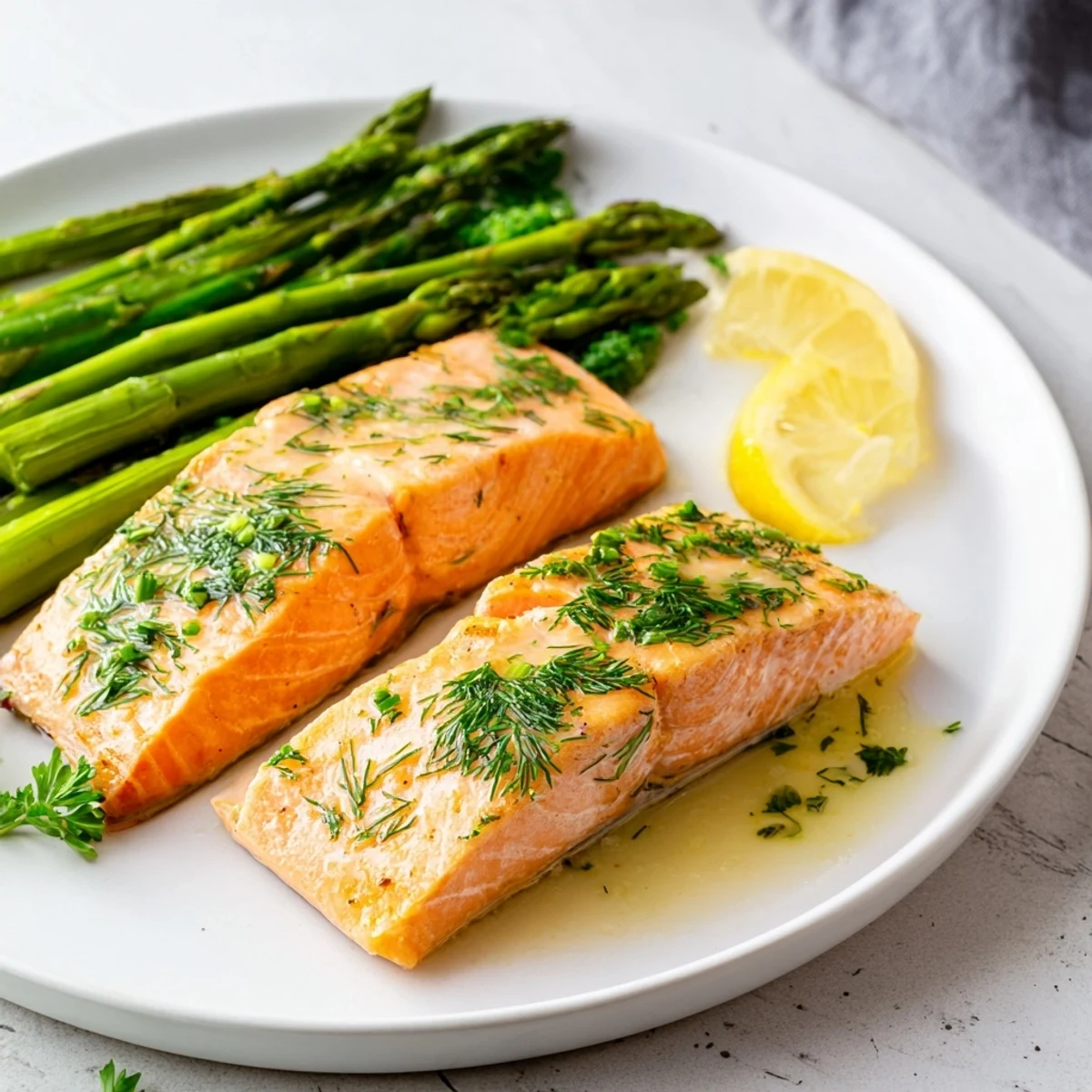 Fresh lemon slices and parsley garnish the Lemon Garlic Butter Salmon, highlighting the vibrant green roasted asparagus on the side.
