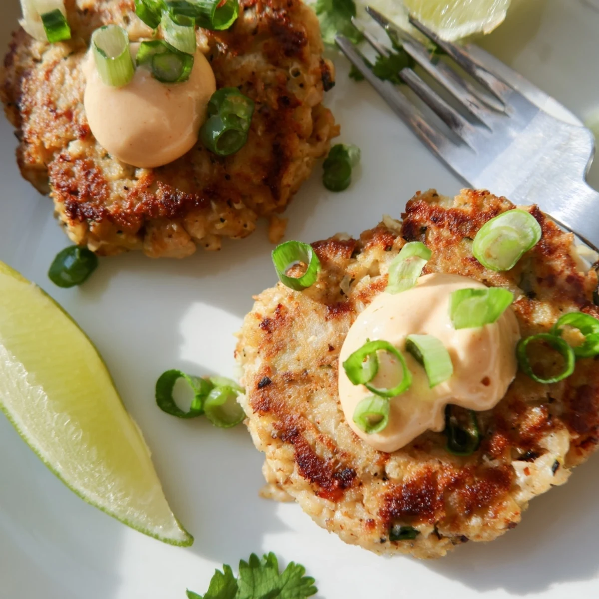 Spicy Tuna Cakes with Sriracha Mayo garnished with fresh cilantro and lime wedges, ready to serve as a main dish.