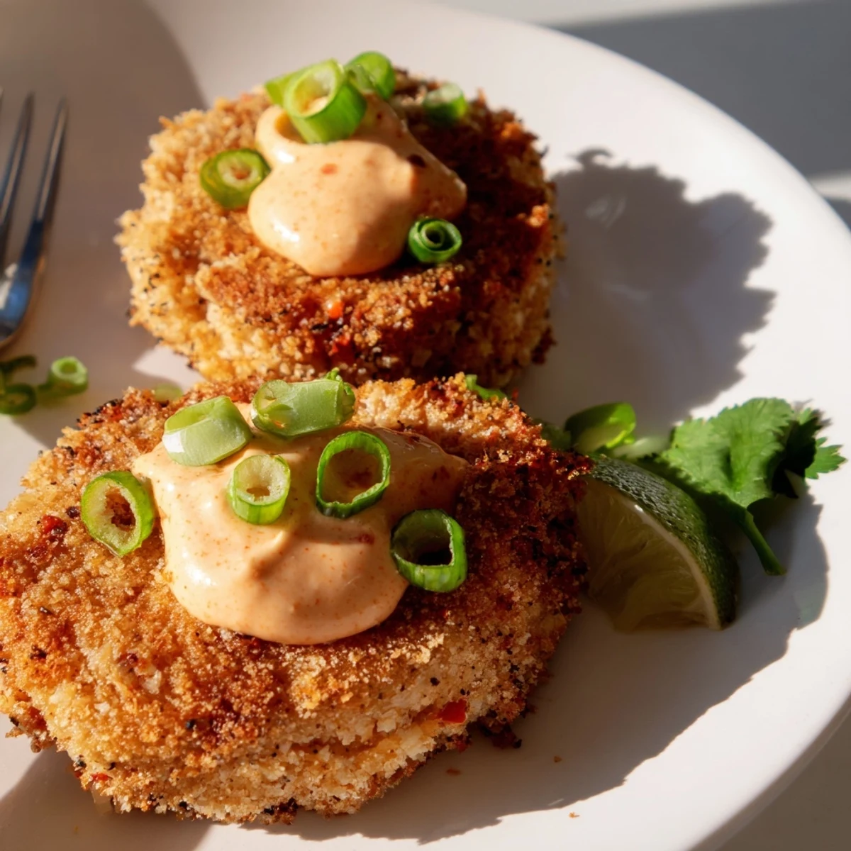Golden-brown Spicy Tuna Cakes with Sriracha Mayo, crispy on the outside and tender inside, served on a white plate.
