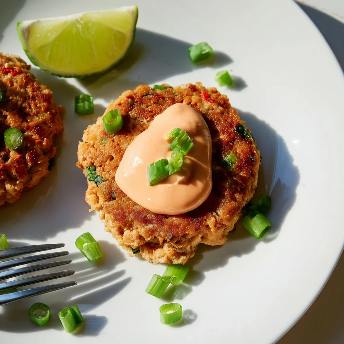 A close-up of Spicy Tuna Cakes with Sriracha Mayo showing the flaky texture and drizzled creamy spicy sauce.