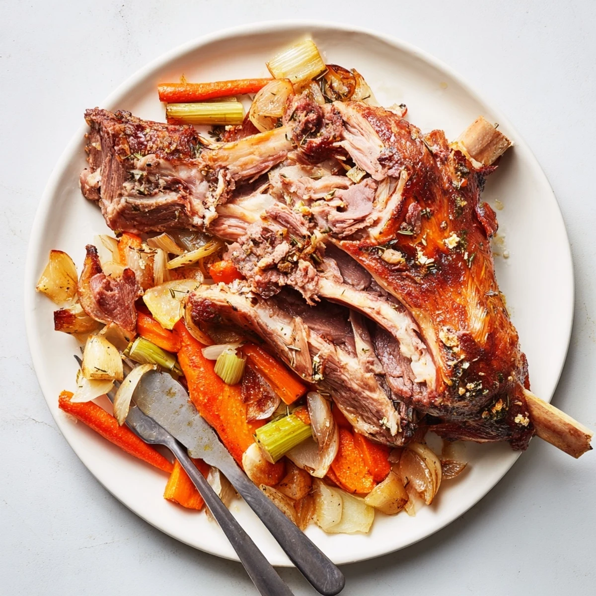 Falling-apart tender Slow Cooked Lamb Shoulder with Garlic Herbs served over creamy mashed potatoes, glistening with savory pan juices.