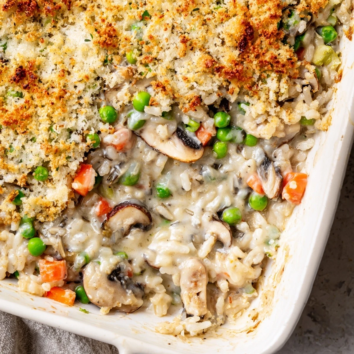 A close-up of Creamy Mushroom and Wild Rice Casserole with golden, crispy panko topping and bubbling sauce.
