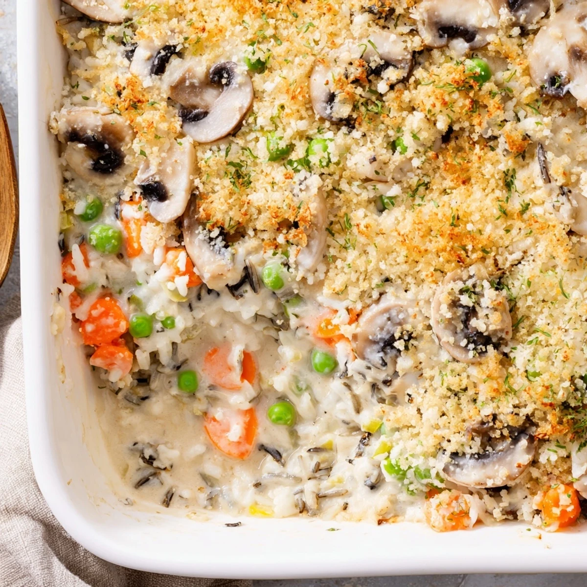 Steaming Creamy Mushroom and Wild Rice Casserole served in a white dish, garnished with fresh parsley.