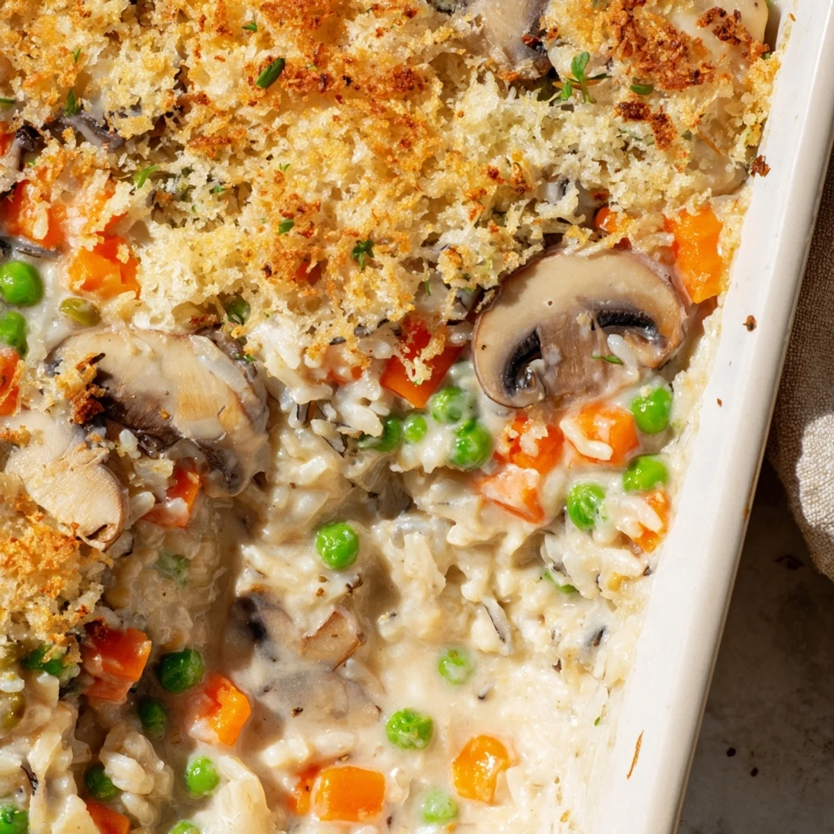 A rustic pan of Creamy Mushroom and Wild Rice Casserole, featuring tender vegetables and rich creamy sauce.