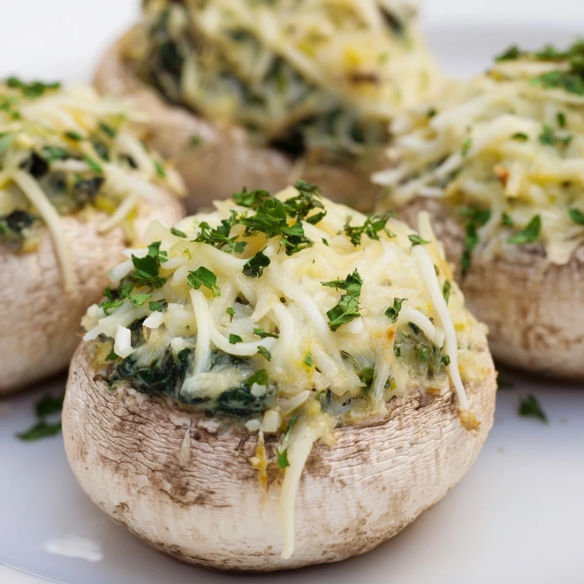 Golden-brown Cheesy Spinach and Artichoke Stuffed Mushrooms bake with bubbling mozzarella and golden Parmesan on top.  