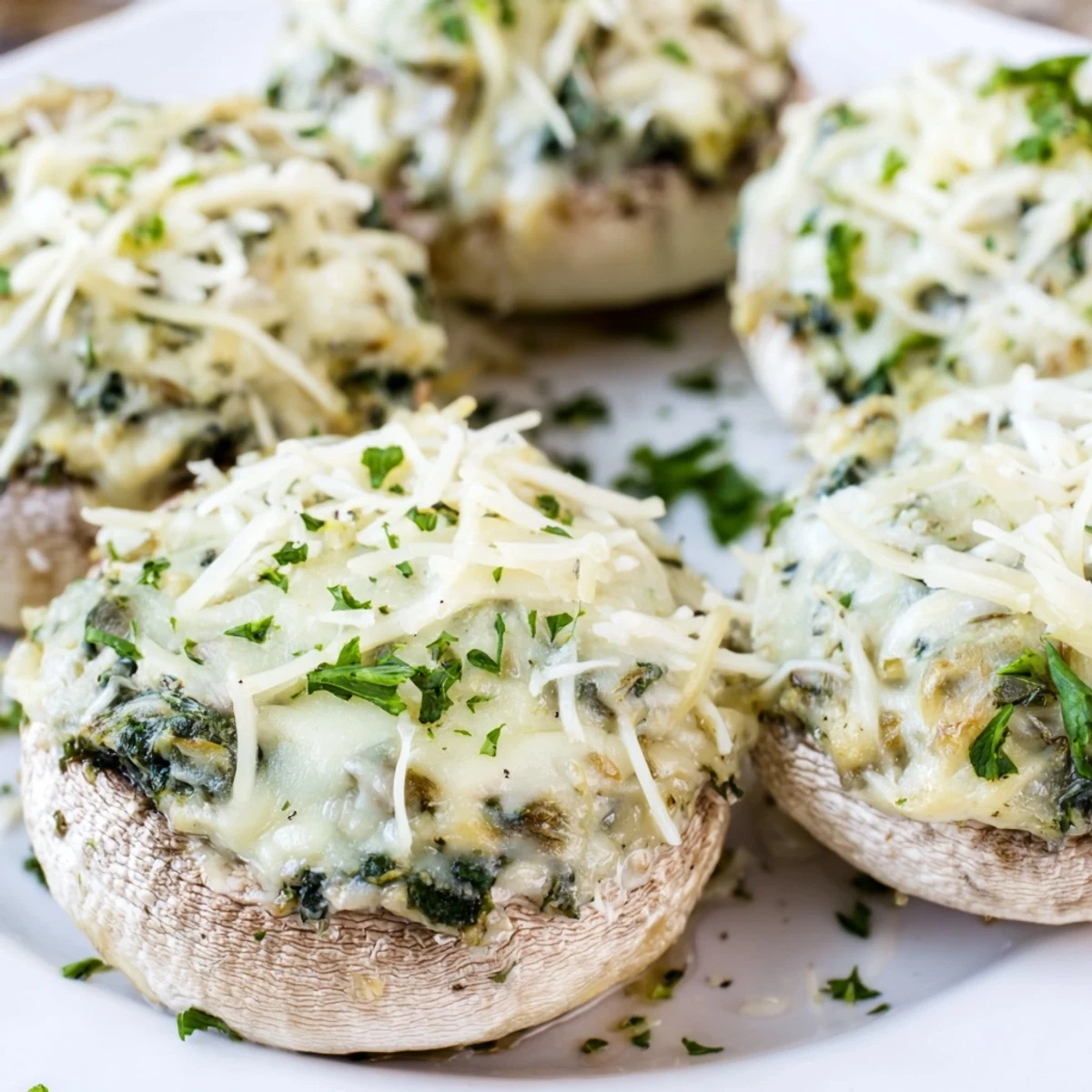 Platter of warm Cheesy Spinach and Artichoke Stuffed Mushrooms with creamy filling and melted cheese, perfect party appetizer.
