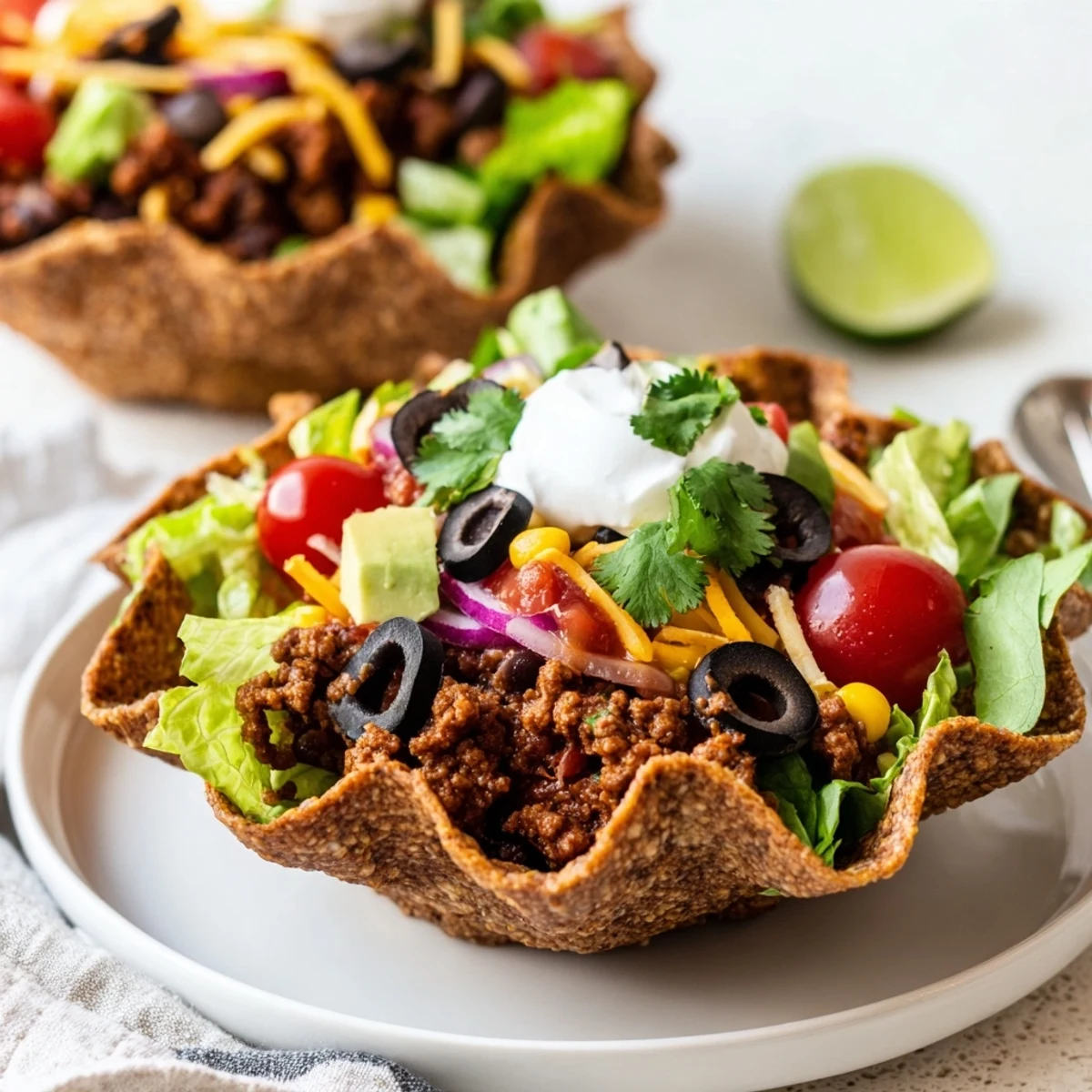 Crispy homemade tortilla bowl filled with seasoned ground beef, fresh romaine, and vibrant toppings for a hearty beef taco salad.