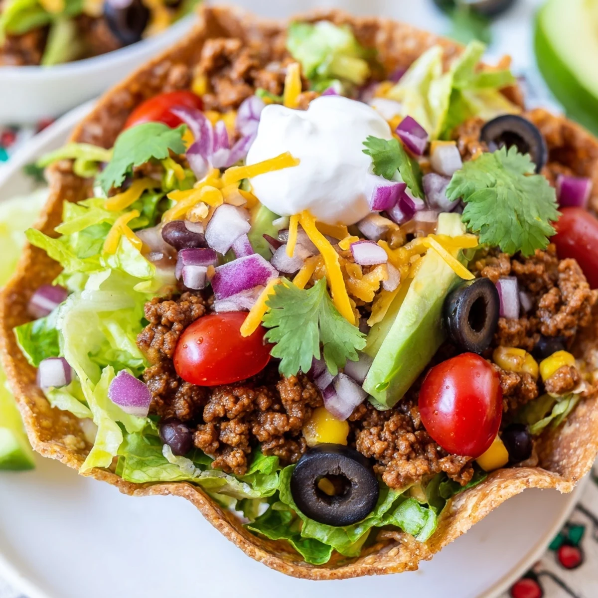 Layered beef taco salad with melted cheddar, black beans, corn, avocado, and a dollop of sour cream on a crunchy tortilla shell.