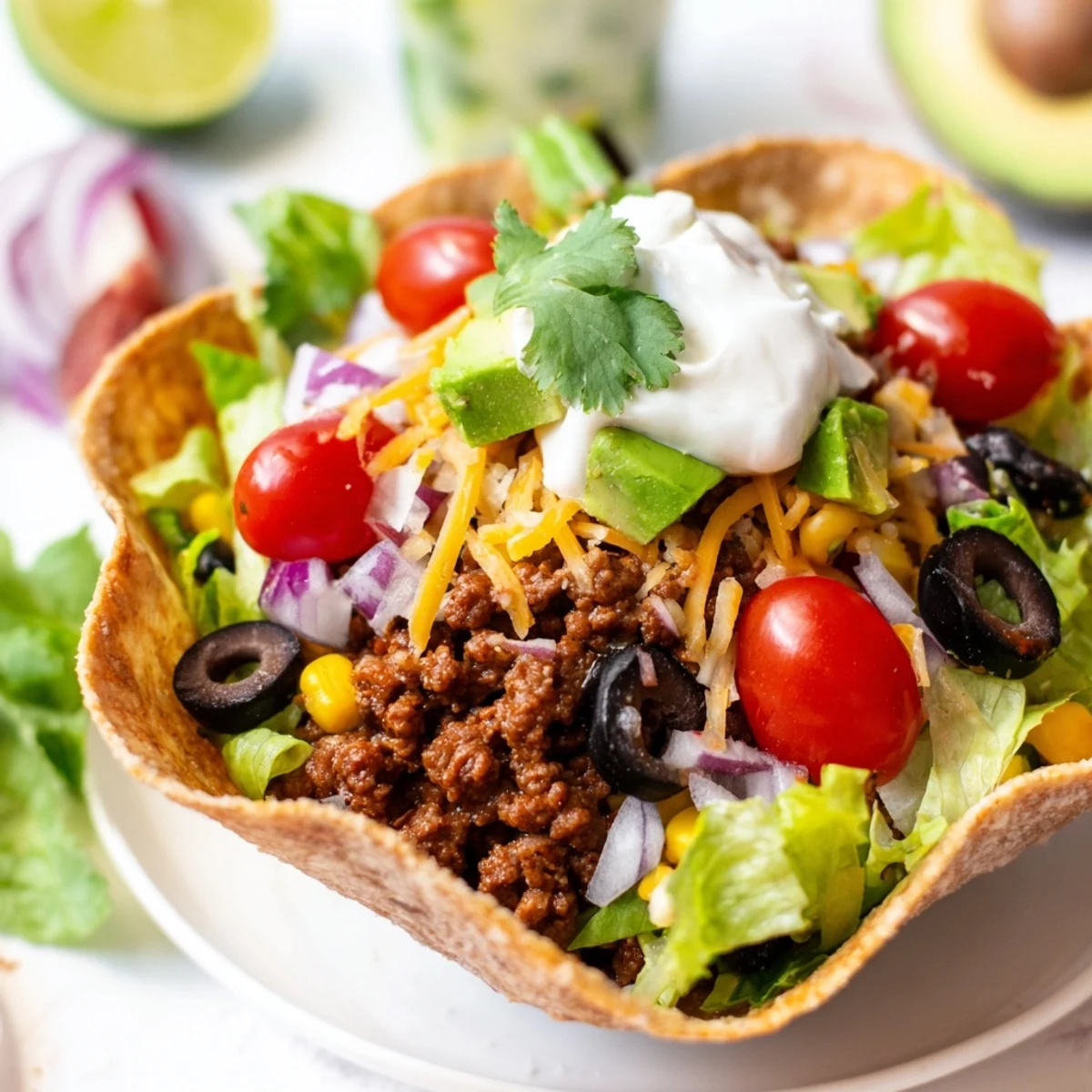 Juicy beef and crisp veggies in a golden baked tortilla bowl, finished with cilantro and lime for a refreshing taco salad.