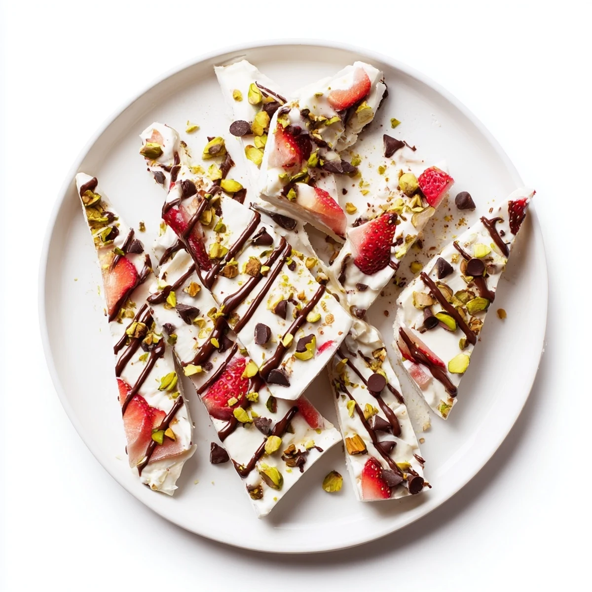 A close-up view of a frozen chocolate covered strawberry yogurt bark broken into pieces, ready for a healthy snack.