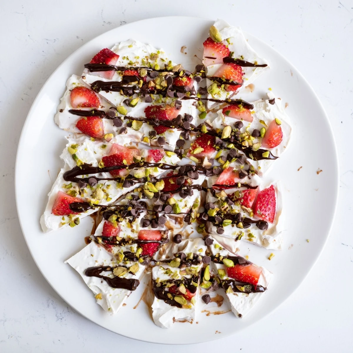 Frozen yogurt bark with strawberries and chocolate drizzle, served on a parchment-lined baking sheet for an easy homemade treat.