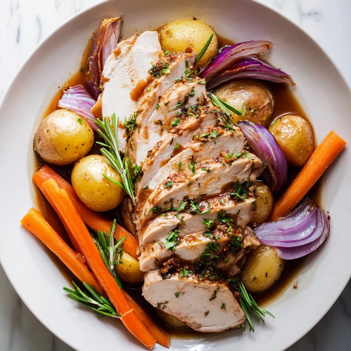 Tender slices of Sheet Pan Lemon Herb Turkey Breast are fanned out next to rustic roasted vegetables on a dark serving platter.