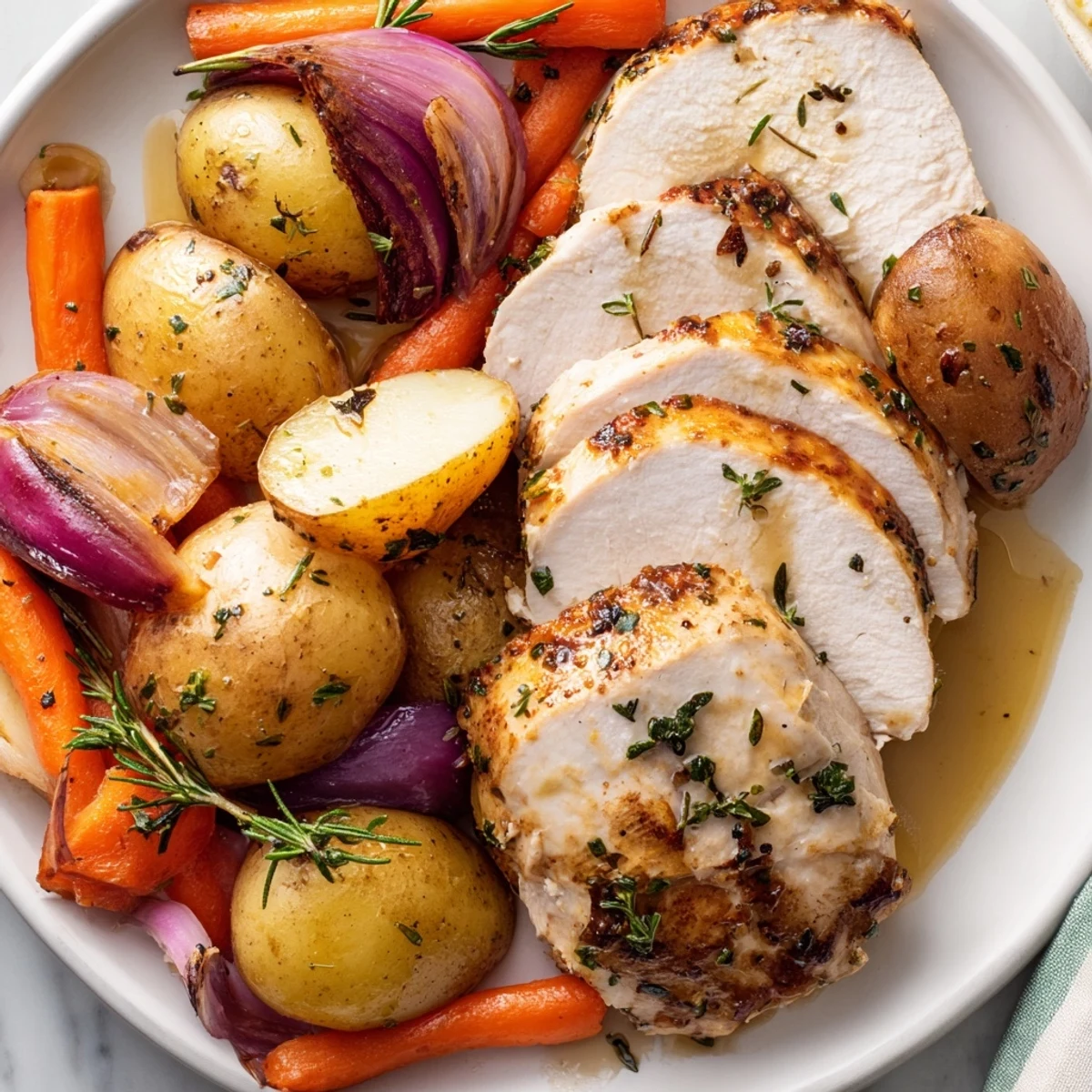 Fresh rosemary and thyme garnish this juicy Sheet Pan Lemon Herb Turkey Breast, served hot from the oven with charred lemon wedges.