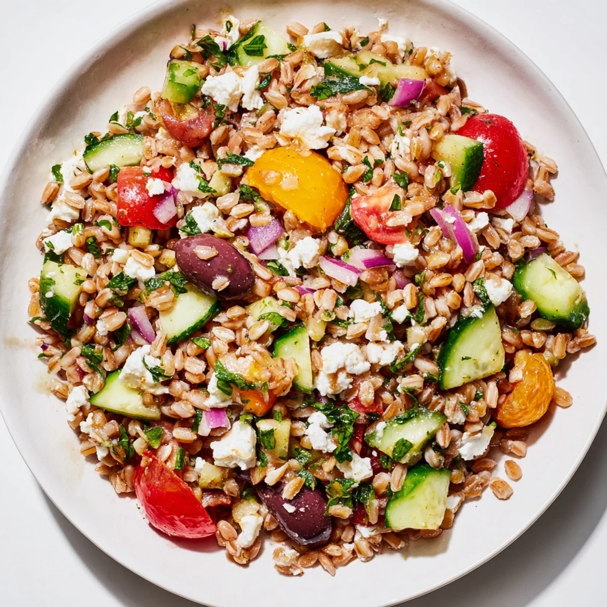 Freshly cooked farro sits in a large bowl, tossed with diced cucumber, halved cherry tomatoes, and crumbled feta cheese for a vibrant Mediterranean farro salad.