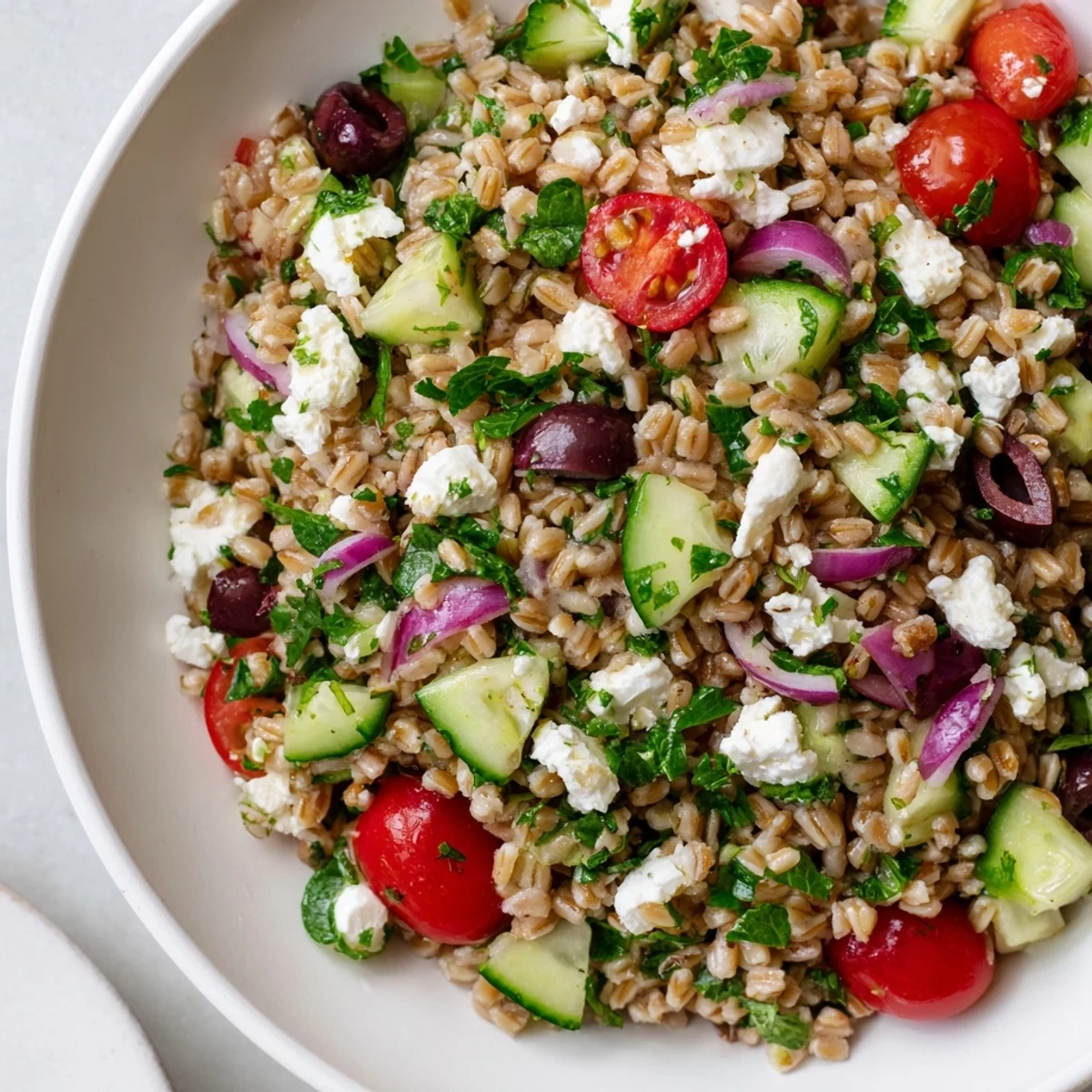 A top-down view shows the Mediterranean farro salad, garnished with fresh parsley and mint, ready to serve as a light vegetarian lunch or side dish.