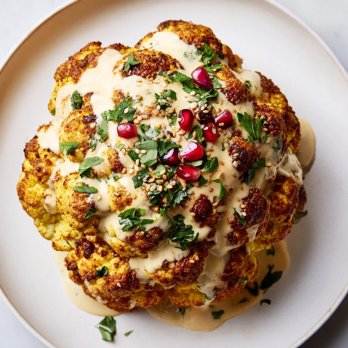 Golden-brown whole roasted cauliflower with tahini drizzle garnished with parsley and sesame seeds on a white plate.