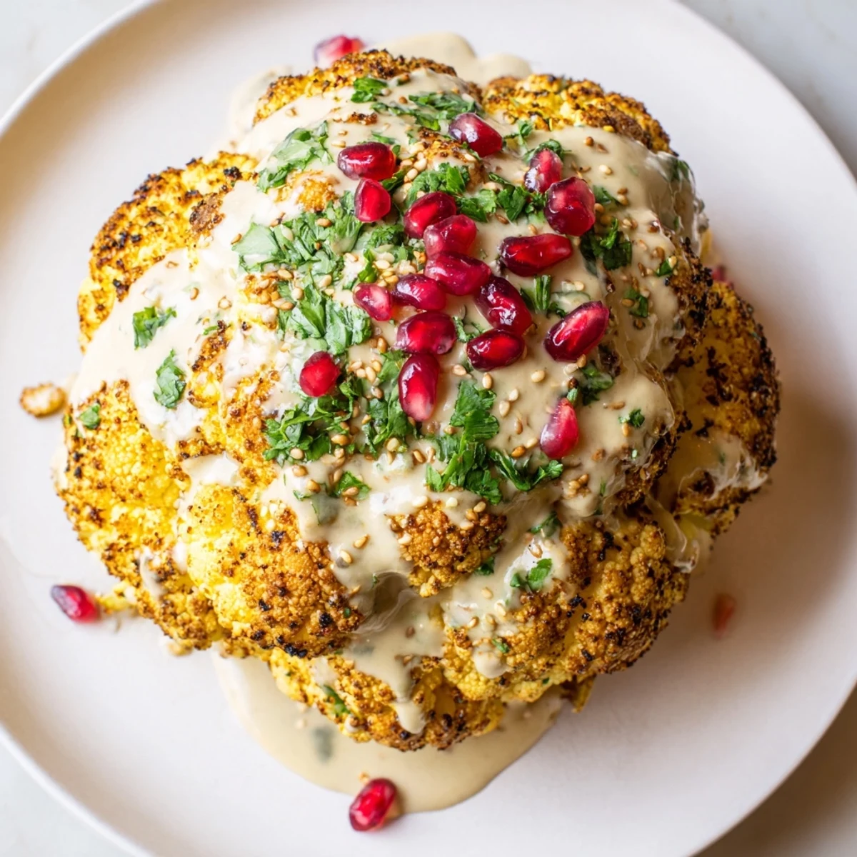 A whole roasted cauliflower with tahini drizzle served over couscous on a rustic wooden table.