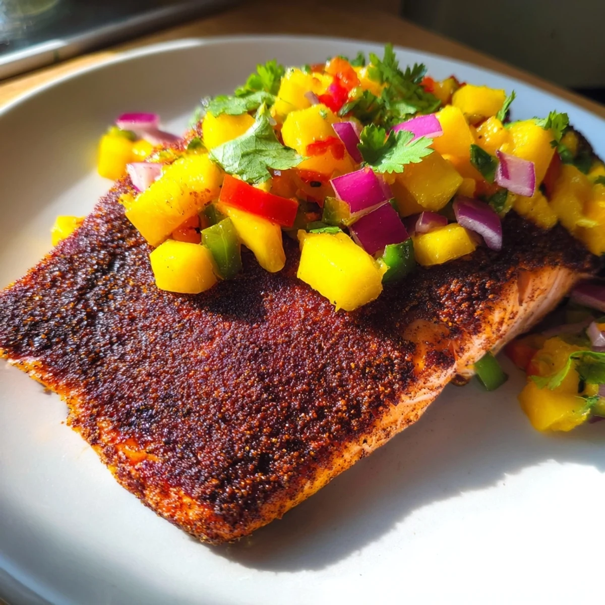 Cajun Blackened Salmon with Mango Salsa plated with flaky, spice-crusted fillets topped with vibrant, fresh mango salsa.
