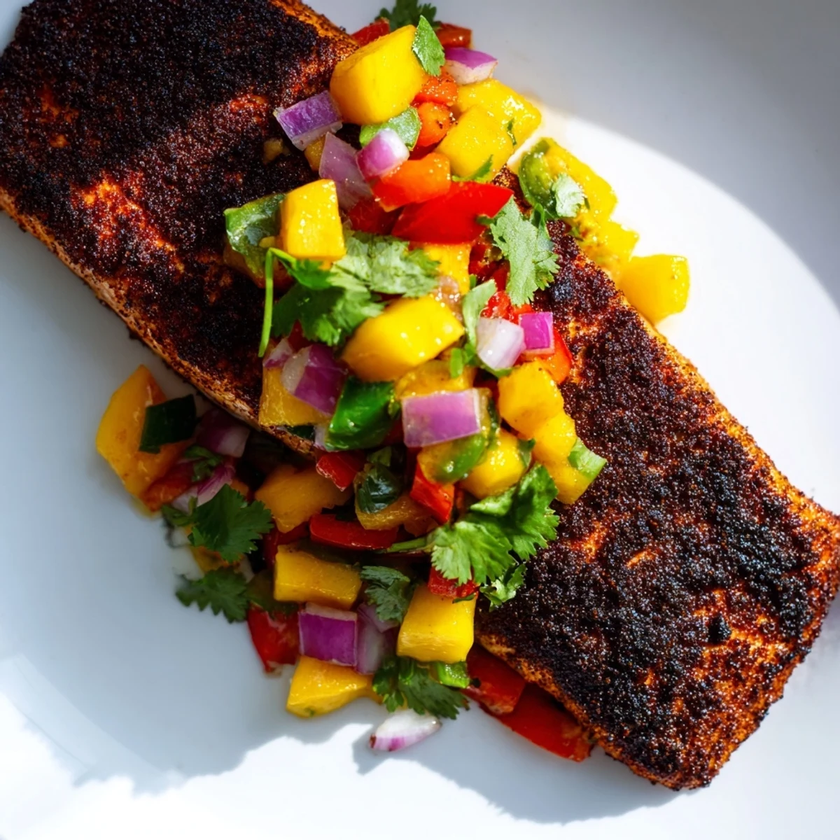 A close-up of Cajun Blackened Salmon with Mango Salsa beside lime wedges and cilantro, ready for a weeknight dinner.