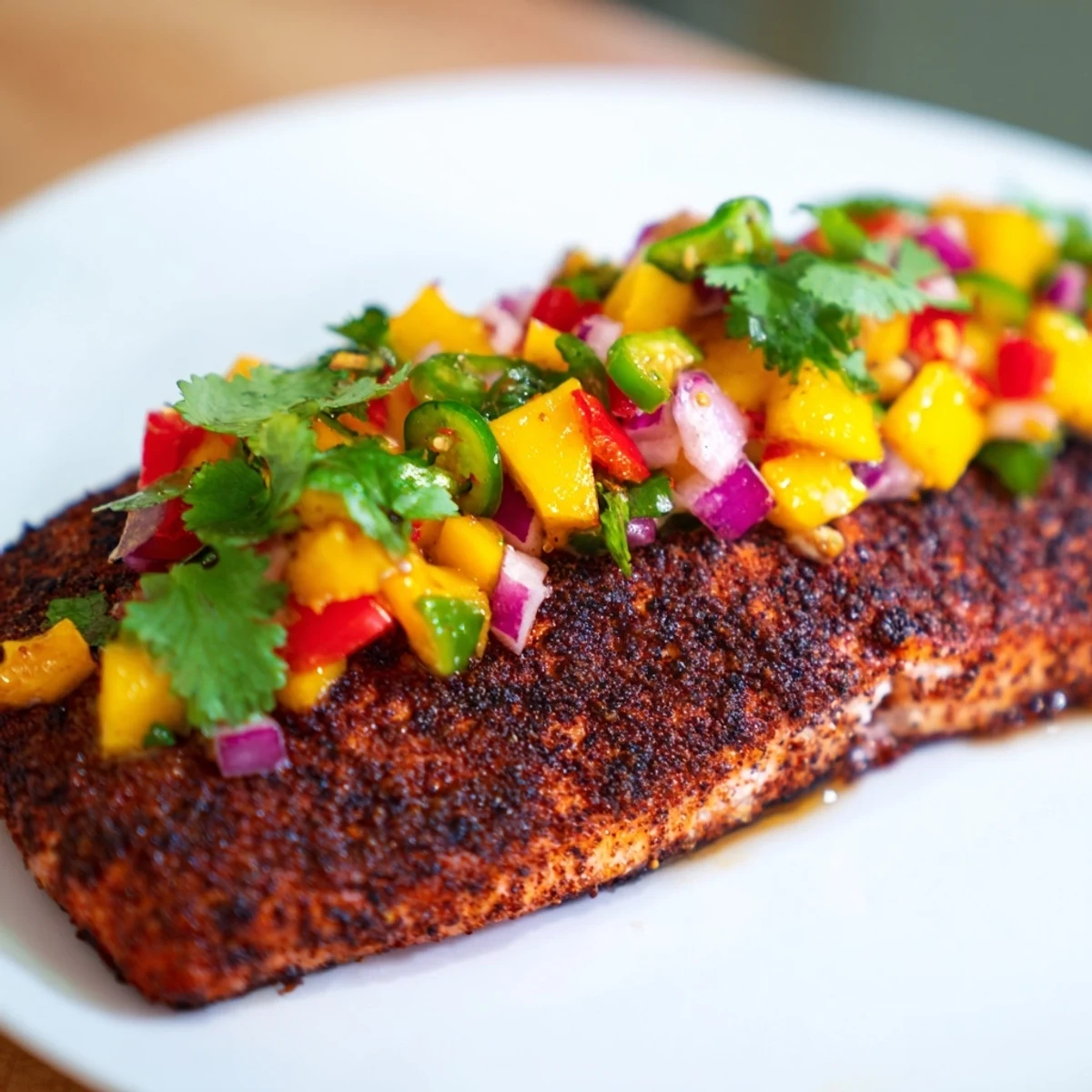 Serve Cajun Blackened Salmon with Mango Salsa over rice, letting the sweet salsa drip down the golden crust.