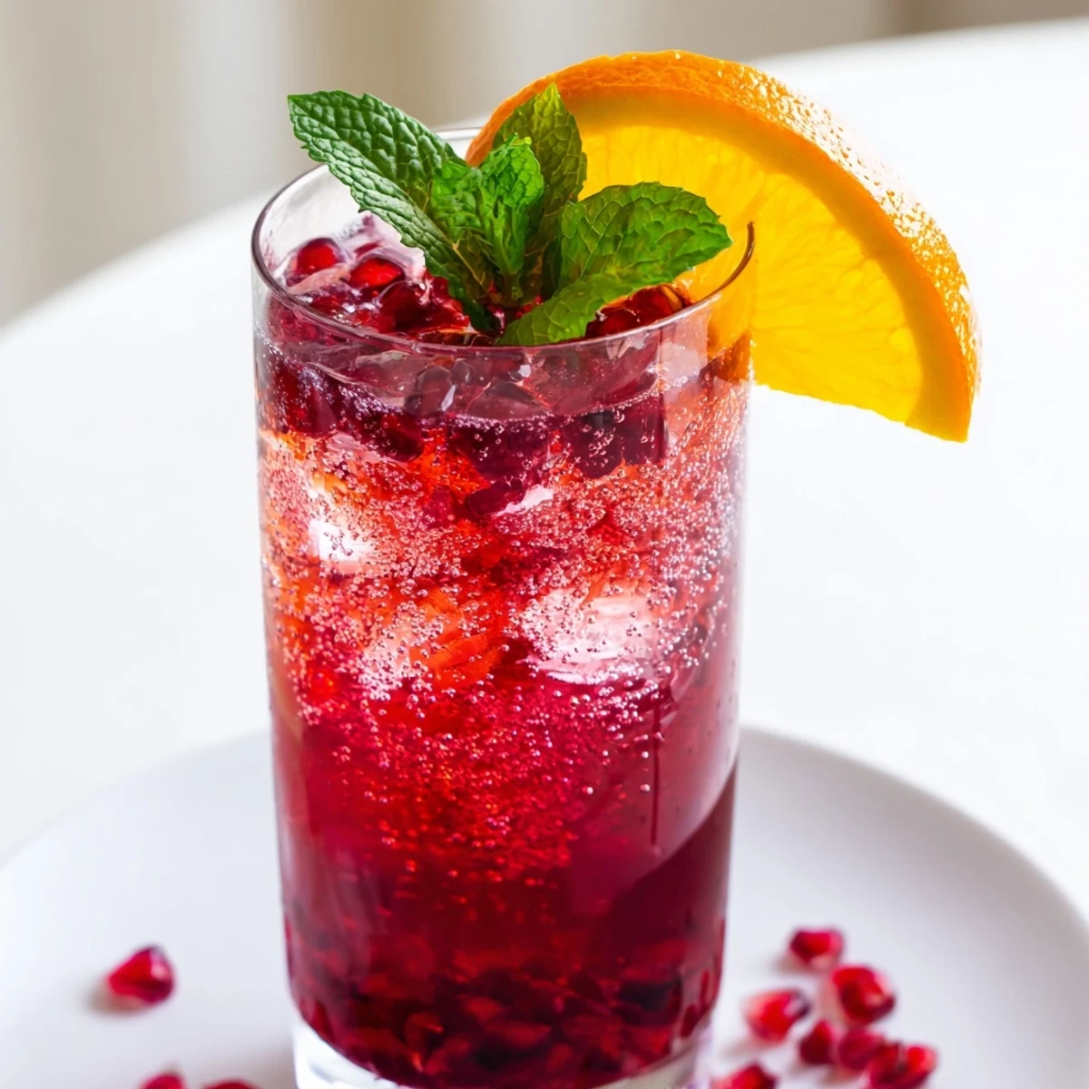 The sparkling Love Potion Pomegranate Mocktail Fizz sits beside fresh orange slices and a lime wedge on a rustic wooden table.