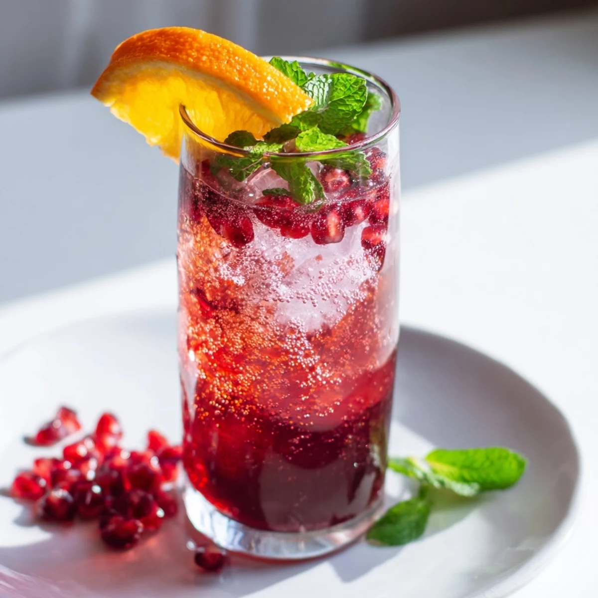 Overhead view of two chilled glasses filled with the fizzy red Love Potion Pomegranate Mocktail, sparkling with bubbles and citrus.